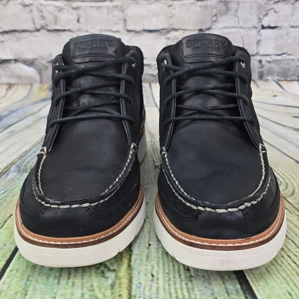 Sperry Plushwave Lug Chukka Boots Mens 12 Black Leather Suede Moc Toe STS23614